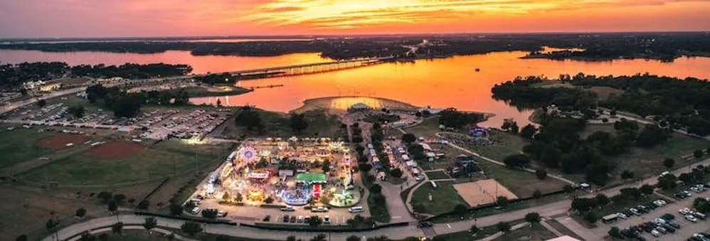 Aerial sunset view of Lewisville Lake and the Little Elm Park waterfront area
